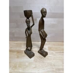 Pair Of African Tribal Hand Carved Wooden Statues Figures Wood Tribal Folk Art